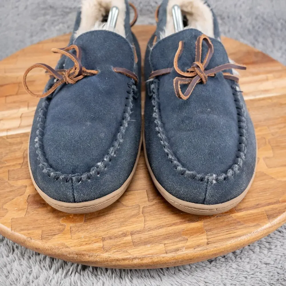 J.Crew Mens Moccasin Slippers‎ Size 12 Navy Blue Faux Fur Lined Comfort Shoes